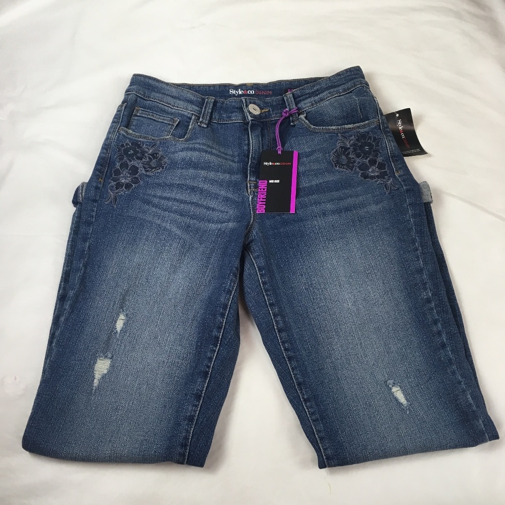 Style & Co. Denim Boyfriend Floral Embellishment 4
